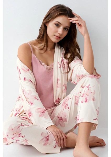Kadın Modal Kutulu 3 Parça Desenli Sabahlık & Pijama Takımı Set L1.PC.905.8.001 fırsatları