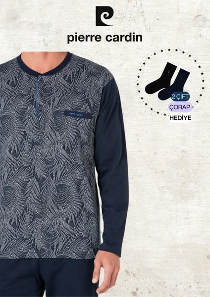 Erkek %100 Pamuk Uzun Kol Jakarlı 2'li Lacivert Pijama Takımı (2 Adet Hediye Çorap) L1.PC.6111.001