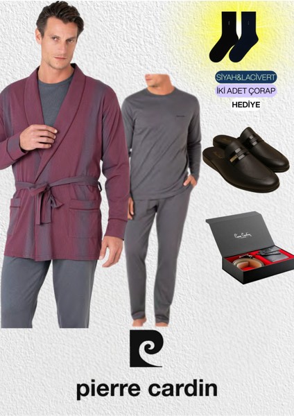 Erkek 3'lü Penye Robdöşambır - Uzun Kollu Pijama Takımı & Deri Terlik & Hakiki Deri Kemer Cüzdan Set