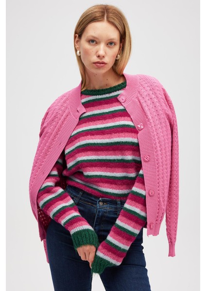 Zoey Mini Kabartma Örgülü Triko Hırka - Şeker Pembe