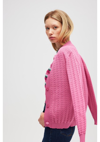 Zoey Mini Kabartma Örgülü Triko Hırka - Şeker Pembe