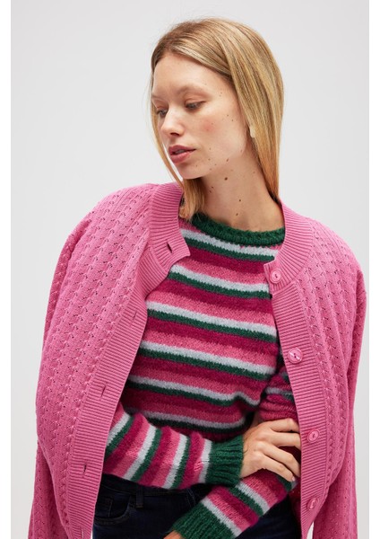 Zoey Mini Kabartma Örgülü Triko Hırka - Şeker Pembe