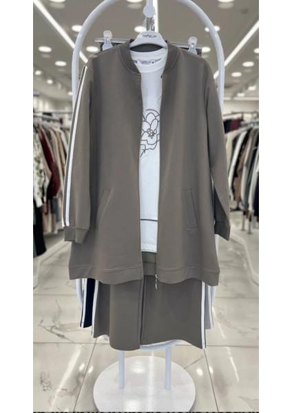 Kadın Şerit Detaylı Tshırt Sweat Hırka ve Pantolon Üst Kalite Üçlü Takım