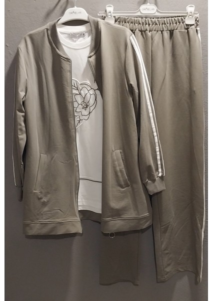 Kadın Şerit Detaylı Tshırt Sweat Hırka ve Pantolon Üst Kalite Üçlü Takım modelleri