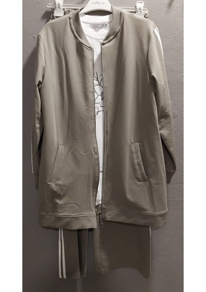 Kadın Şerit Detaylı Tshırt Sweat Hırka ve Pantolon Üst Kalite Üçlü Takım fırsatları