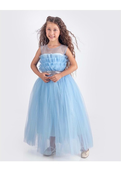 Sapes Model Sırt Gipeli Tüllü Kız Çocuk Askılı Saten Abiye MNK0618
