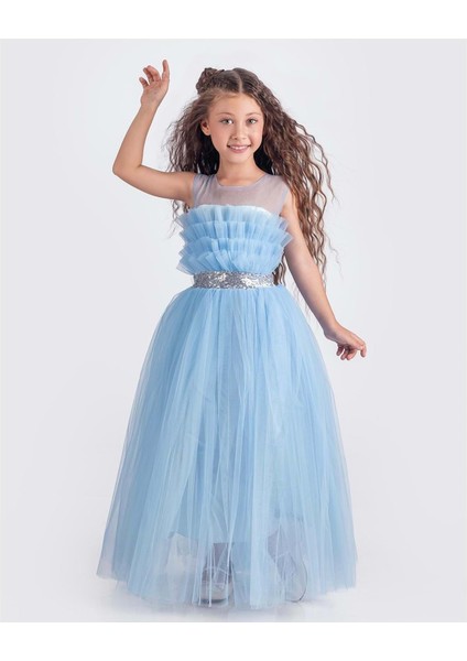 Sapes Model Sırt Gipeli Tüllü Kız Çocuk Askılı Saten Abiye MNK0618 modelleri