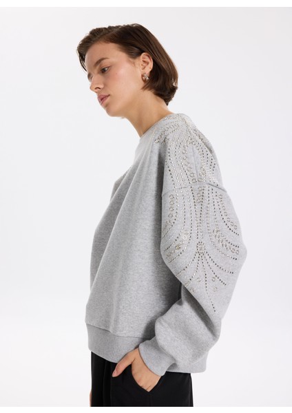 Bisiklet Yaka Taşlı Gri Melanj Kadın Sweatshırt F5WL-SWT0035