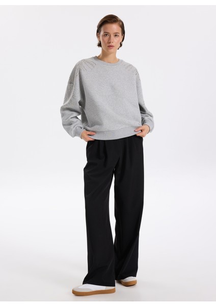 Bisiklet Yaka Taşlı Gri Melanj Kadın Sweatshırt F5WL-SWT0035 fiyatları