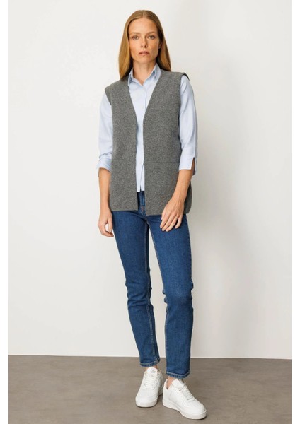 Kadın V Yaka Çelik Örgü Yün Anne Yelek 25044 Füme fiyatları