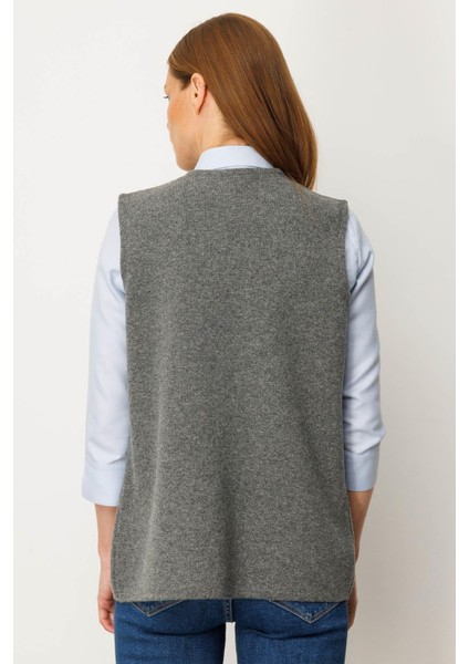 Kadın V Yaka Çelik Örgü Yün Anne Yelek 25044 Füme fırsatları