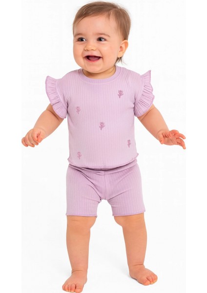 Kız Bebek Takım Lila %100 Pamuk Kısa Kollu Fırfırlı Bluz Şortlu Çiçek Nakışlı Alt Üst Takım