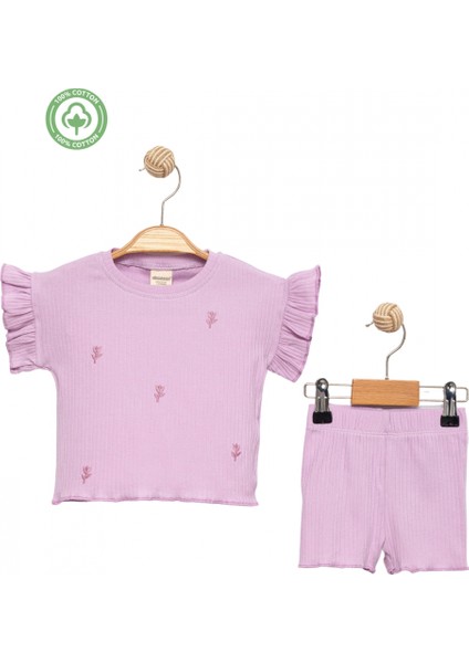 Kız Bebek Takım Lila %100 Pamuk Kısa Kollu Fırfırlı Bluz Şortlu Çiçek Nakışlı Alt Üst Takım fiyatları