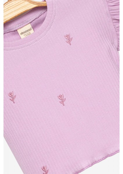 Kız Bebek Takım Lila %100 Pamuk Kısa Kollu Fırfırlı Bluz Şortlu Çiçek Nakışlı Alt Üst Takım modelleri