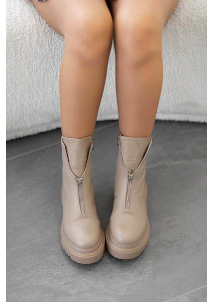 Barbara Önden Fermuarlı Kadın Hakiki Deri Bot Vizon