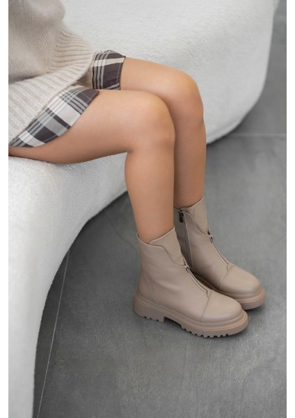 Barbara Önden Fermuarlı Kadın Hakiki Deri Bot Vizon modelleri