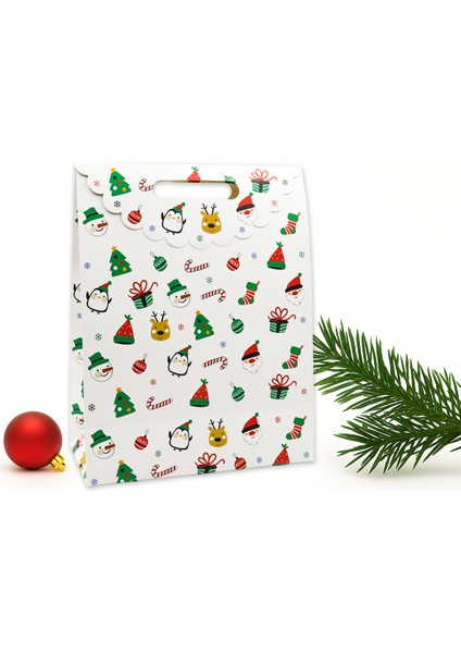 Yılbaşı Coşkusu Karton Hediye Çantası 25X32X12 cm – 1 Adet, Renkli ve Dayanıklı Noel Desenli
