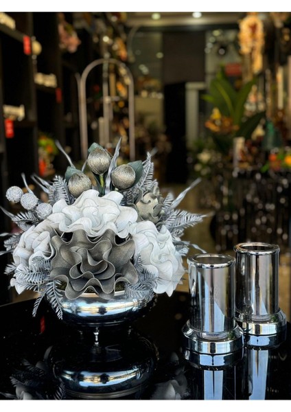 Yapay Çiçekli Gümüş Yassı Vazo 3 Parça Set No:18