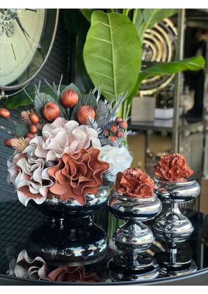 Yapay Çiçekli Gümüş Yassı Vazo 3 Parça Set No:5