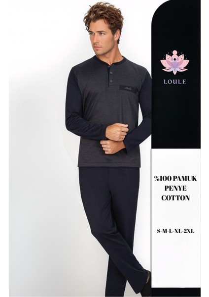 Erkek %100 Pamuk Penye Jakarlı Uzun Kol Pijama Takımı L1.ANC.1032.01