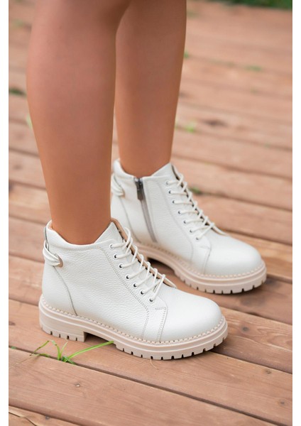 Drop Fermuarlı Kadın Hakiki Deri Bot Ekru