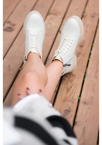 Drop Fermuarlı Kadın Hakiki Deri Bot Ekru modelleri