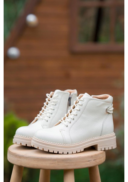 Drop Fermuarlı Kadın Hakiki Deri Bot Ekru