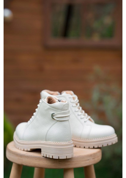 Drop Fermuarlı Kadın Hakiki Deri Bot Ekru