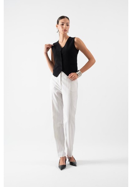 Clementa Klasik Çizgili Krep Pantolon Beyaz