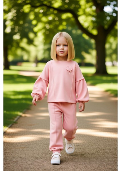Kız Çocuk Dokulu Örme Bisiklet Yaka Sweatshirt ve Eşofman Takımı Kaliteli Şık Rahat