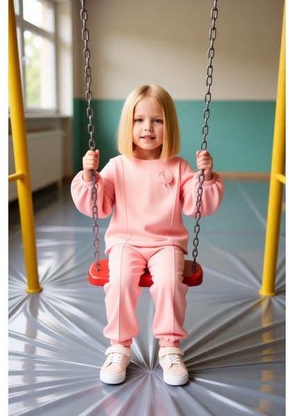 Kız Çocuk Dokulu Örme Bisiklet Yaka Sweatshirt ve Eşofman Takımı Kaliteli Şık Rahat modelleri