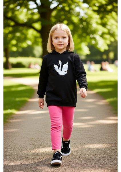 Kız Çocuk Kapüşonlu Swanlı Pamuklu Iki Parça Takım Kaliteli Şık Rahat Günlük