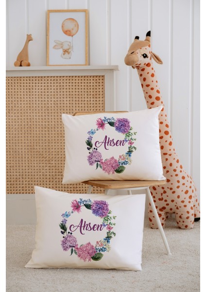%100 Pamuk Isme Özel 2li Ekru Bebek Yastık Kılıfı 35X45 Cm-Çiçek Çemberi