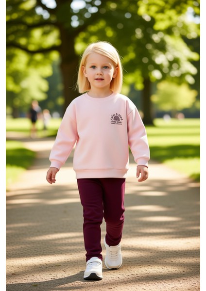 Kız Çocuk Pamuklu Oversize Bisiklet Yaka Sloganlı Üst ve Geniş Paça Alt Takım Kaliteli Şık