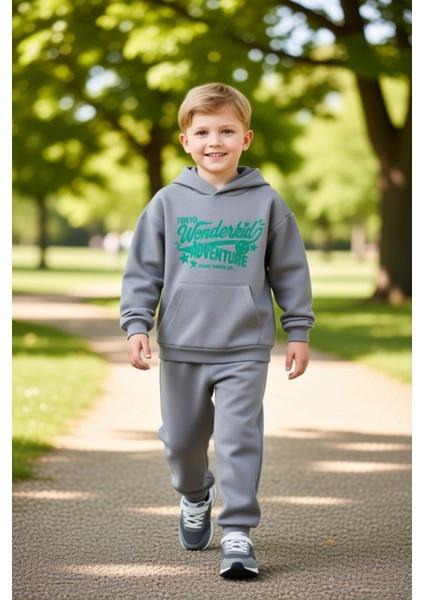 Erkek Çocuk Kapüşonlu Oversize Pamuklu Slogan Baskılı Alt Üst Takım Kaliteli Şık Rahat