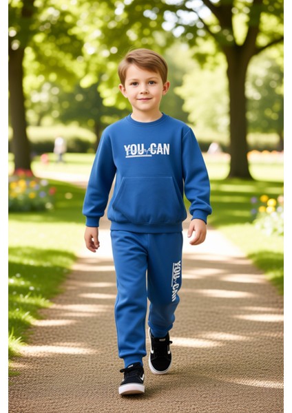 Motivasyonel Baskılı Erkek Çocuk Örme Sweatshirt ve Eşofman Takımı Kaliteli Şık Rahat