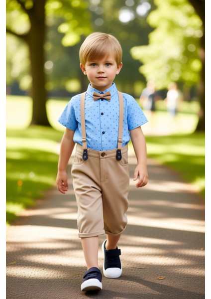 Erkek Çocuk Pamuklu Papyonlu Gömlek ve Şort Takımı Askılı Kaliteli Şık Rahat Günlük