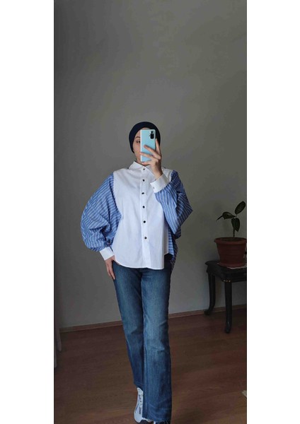 Mavi Beyaz Çizgili Yarasa Kol Gömlek