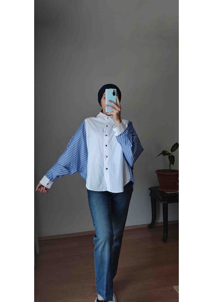 Mavi Beyaz Çizgili Yarasa Kol Gömlek fiyatları