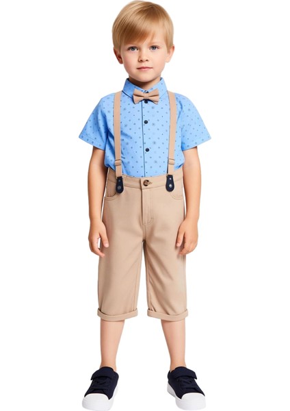 Erkek Çocuk Pamuklu Papyonlu Gömlek ve Şort Takımı Askılı Kaliteli Şık Rahat Günlük fırsatları