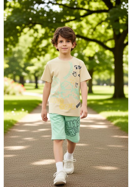 Erkek Çocuk Dinozor Temalı Pamuklu Tişört ve Şort Takımı Kaliteli Şık Rahat Günlük