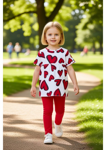 Kız Çocuk Pamuklu Kalp Desenli Bisiklet Yaka Kısa Kollu Üst ve Tayt Takımı Kaliteli Şık Rahat