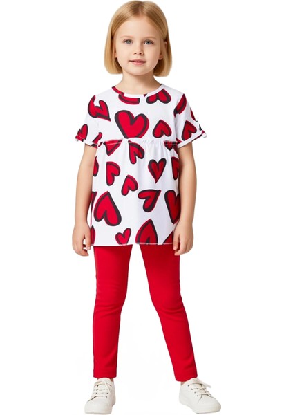 Kız Çocuk Pamuklu Kalp Desenli Bisiklet Yaka Kısa Kollu Üst ve Tayt Takımı Kaliteli Şık Rahat fırsatları