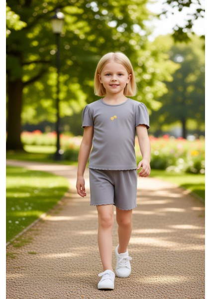 Kız Çocuk Pamuklu Minimal Nakışlı Bisiklet Yaka Kısa Kollu T Shirt ve Şort Takımı Kaliteli