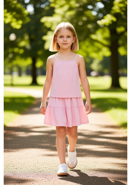 Kız Çocuk Pamuklu Askılı Atlet ve Etek Takımı Konforlu Günlük Giyim Kaliteli Şık Rahat