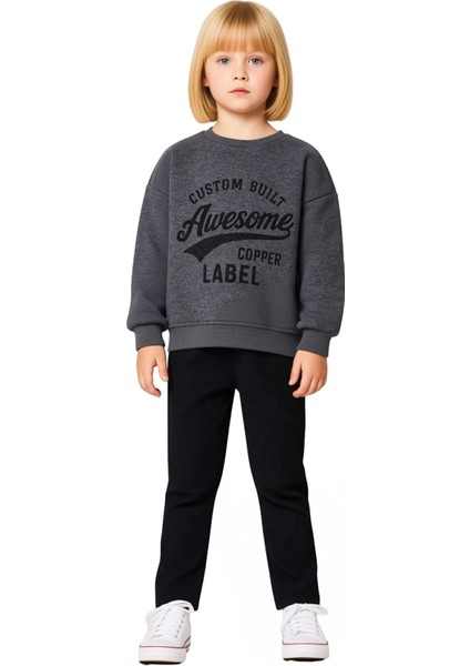 Kız Çocuk Slogan Detaylı Polar Astarlı Sweatshirt ve Tayt Seti Kaliteli Şık Rahat fiyatları