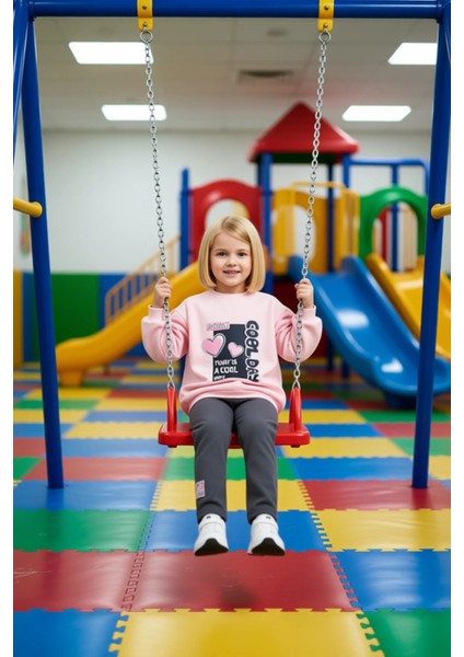 Kız Çocuk Pamuklu Sweatshirt ve Tayt Kalp ve Slogan Detaylı Kaliteli Şık Rahat