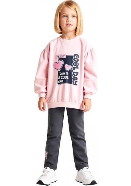 Kız Çocuk Pamuklu Sweatshirt ve Tayt Kalp ve Slogan Detaylı Kaliteli Şık Rahat fiyatları