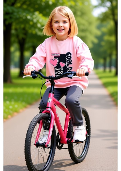 Kız Çocuk Pamuklu Sweatshirt ve Tayt Kalp ve Slogan Detaylı Kaliteli Şık Rahat fırsatları