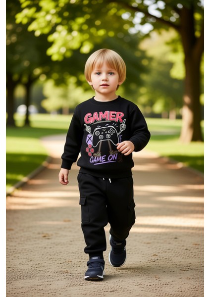 Erkek Çocuk Oyunseverler Için Bisiklet Yaka Sweatshirt ve Kargo Cepli Eşofman Takımı Kaliteli modelleri